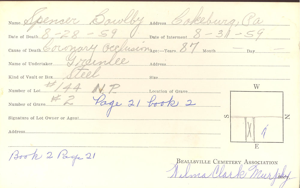 Spencer Bowlby burial card